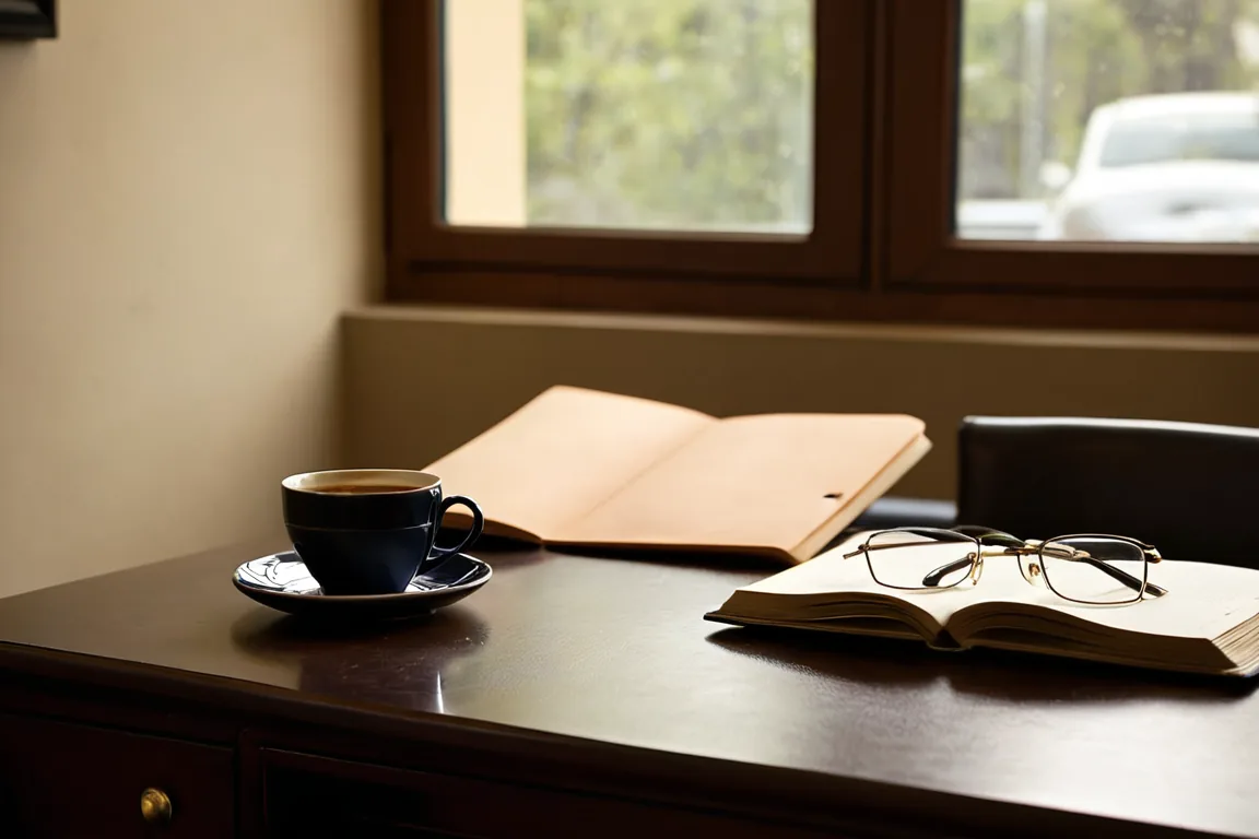 Anotador, anteojos y carpeta sobre el escritorio